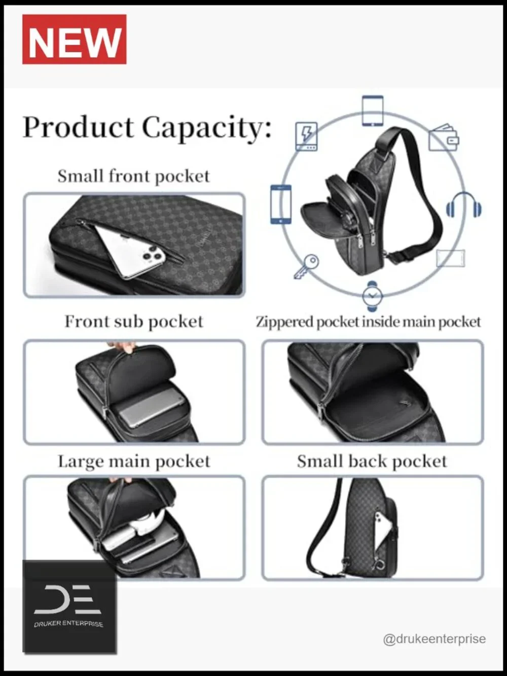 Men's PU Leather Crossbody Sling Backpack Water Resistant Travel Hiking Bag